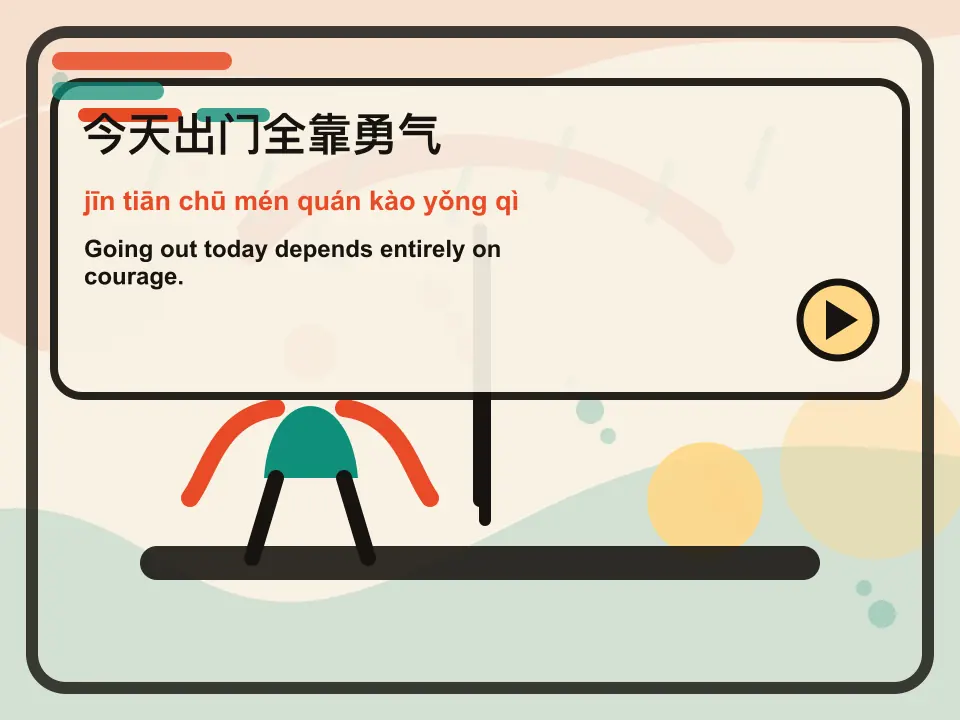 Editorial learning scene for the Mandarin expression 今天出门全靠勇气